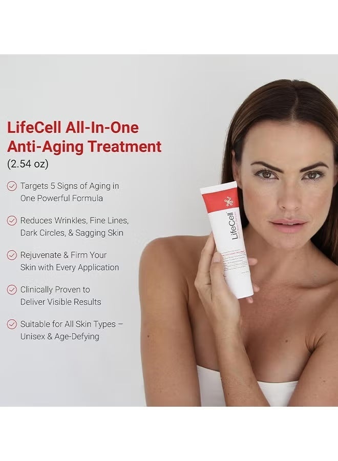 لايفسل كريم LifeCell متعدد التأثيرات لمكافحة الشيخوخة (عبوة مزدوجة، 75 مل/2.54 أونصة) يقلل بشكل فعال من التجاعيد والخطوط الرفيعة والهالات السوداء وأضرار الشمس. يحتوي على DMAE، ريتينول، حمض الهيالورونيك، وثلاثة أنواع من فيتامين C. - Image 3
